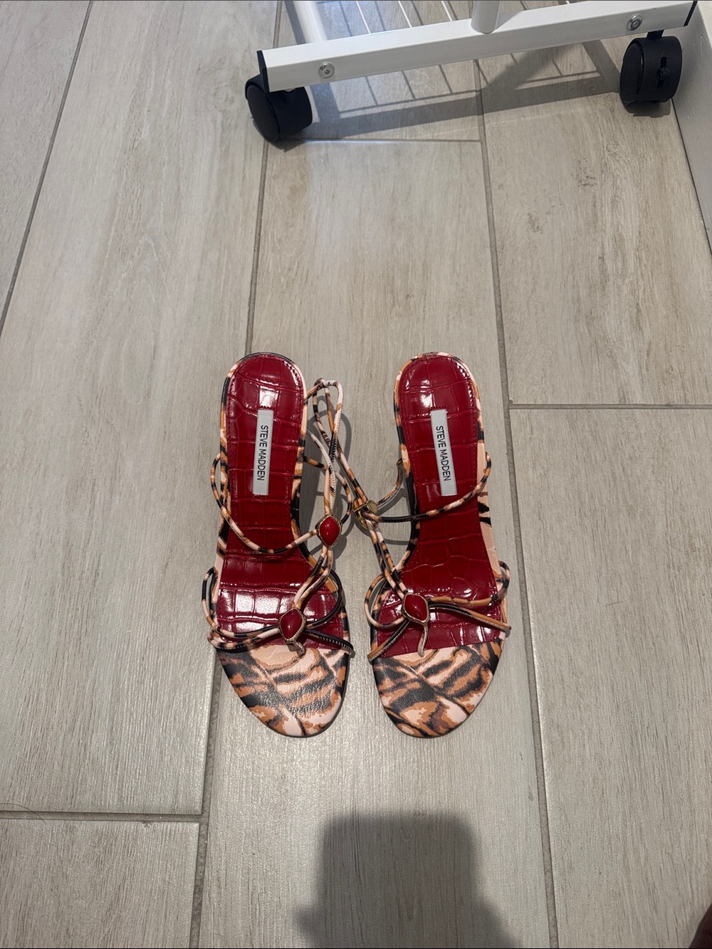 Steve Madden Red & Tiger-Print Strappy Heels - Picture 2 of 3